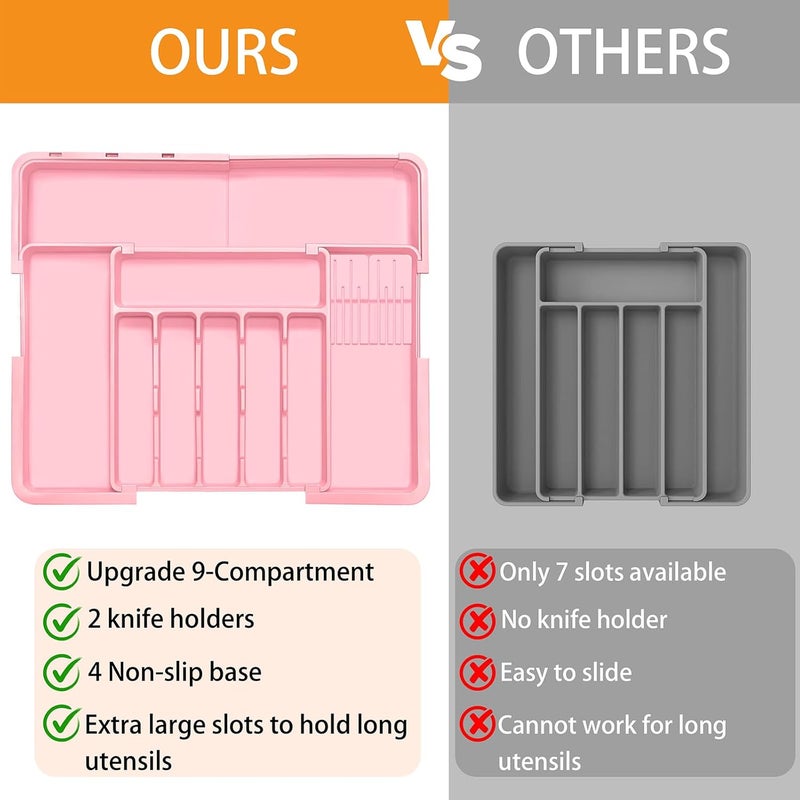 Homecor Silverware Organizer - Expandable Large Kitchen Drawer Organizer Utensil Organizer with 2 Knife Block Inserts, 22"x 19"Cutlery Tray with Drawer Dividers for Kitchen Flatware (Pink) - Image 4